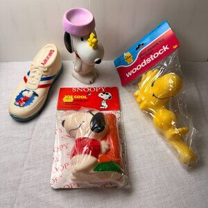 4 NEW & Used Vintage SNOOPY, WOODSTOCK, TENNIS SHOE Vinyl 7" Conagra SQUEAK TOYS
